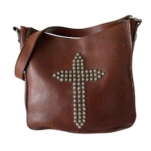 Two Bar West Brown Leather Crossbody Bag with Studded Cross